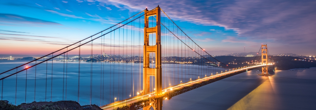 Golden Gate Bridge with Lights on at Dusk