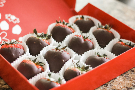 Chocolate covered strawberries in red box